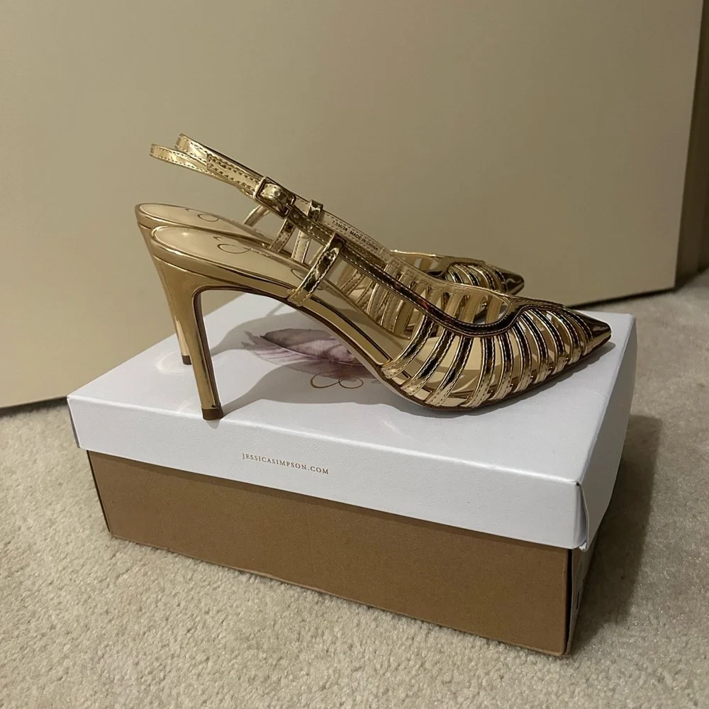 Jessica Simpson Metallic Gold Strappy Pointed Slingback Heels